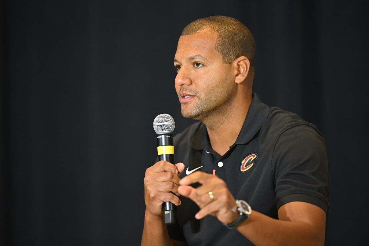 Sep 14, 2022; Cleveland, OH, USA; Cleveland Cavaliers president of basketball operations Koby Altman speaks to the media during an introductory press conference at Rocket Mortgage FieldHouse. Mandatory Credit: David Richard-Imagn Images