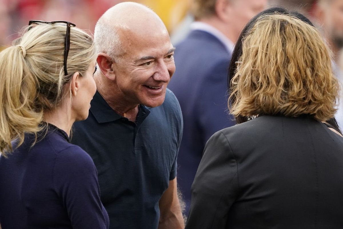 Sep 15, 2022; Kansas City, Missouri, USA; Amazon executive chairman Jeff Bezos in attendance before the Kansas City Chiefs play against the Los Angeles Chargers at GEHA Field at Arrowhead Stadium. Mandatory Credit: Jay Biggerstaff-Imagn Images