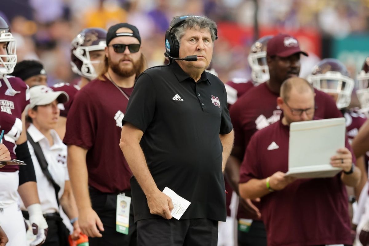Sep 17, 2022; Baton Rouge, Louisiana, USA;  Mississippi State Bulldogs head coach Mike Leach looks on against the LSU Tigers during the first half at Tiger Stadium. Mandatory Credit: Stephen Lew-Imagn Images