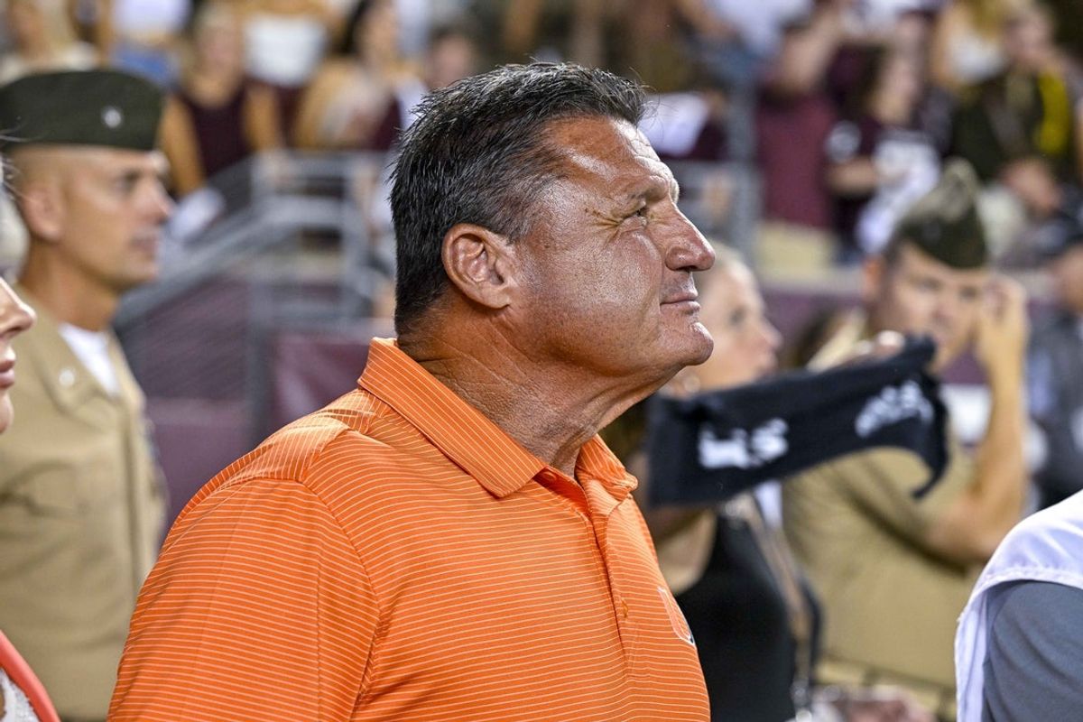 Sep 17, 2022; College Station, Texas, USA; Former LSU head coach Ed Orgeron watches the game between the Texas A&M Aggies and the Miami Hurricanes during the second half at Kyle Field. Mandatory Credit: Jerome Miron-Imagn Images