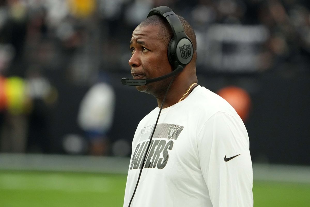 Sep 18, 2022; Paradise, Nevada, USA; Las Vegas Raiders defensive coordinator Patrick Graham reacts in the second half against the Arizona Cardinals at Allegiant Stadium. Mandatory Credit: Kirby Lee-Imagn Images