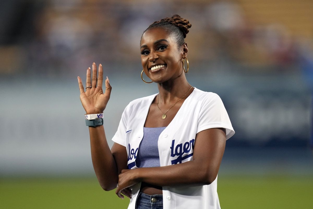 Sep 19, 2022; Los Angeles, California, USA; American actress Issa Rae is recognized during the game between the Los Angeles Dodgers and the Arizona Diamondbacks at Dodger Stadium. Mandatory Credit: Kirby Lee-Imagn Images