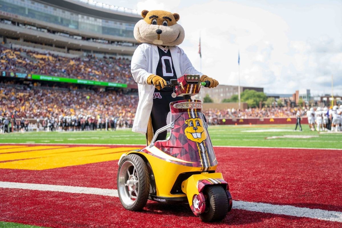 Sep 10, 2022; Minneapolis, Minnesota, USA; Minnesota Golden Gophers mascot Goldy in action against the Western Illinois Leathernecks in the second quarter at Huntington Bank Stadium. Mandatory Credit: Matt Blewett-Imagn Images