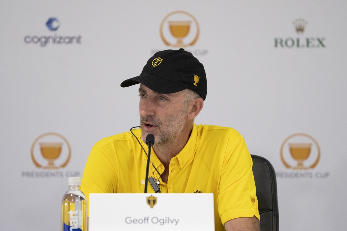 Sep 21, 2022; Charlotte, North Carolina, USA; International Team assistant captain Geoff Ogilvy addresses the media in a press conference during a practice day for the Presidents Cup golf tournament at Quail Hollow Club. Mandatory Credit: Kyle Terada-Imagn Images
