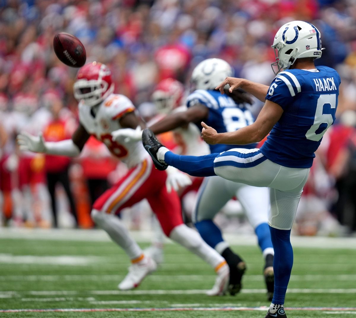 Indianapolis Colts punter Matt Haack (6) kicks the ball Sunday, Sept. 25, 2022, during a game against the Kansas City Chiefs at Lucas Oil Stadium in Indianapolis.