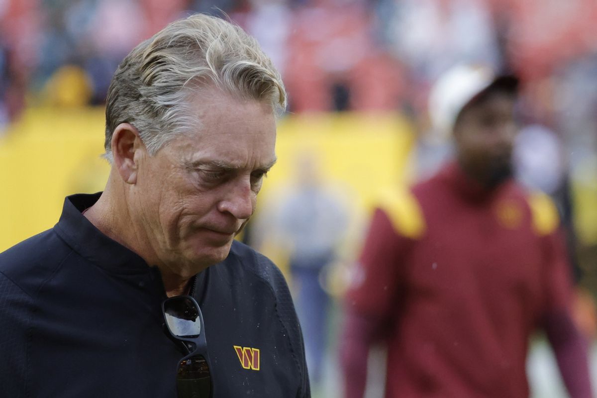 Sep 25, 2022; Landover, Maryland, USA; Washington Commanders defensive coordinator Jack Del Rio leaves the field after the commanders' game against the Philadelphia Eagles at FedExField. Mandatory Credit: Geoff Burke-Imagn Images