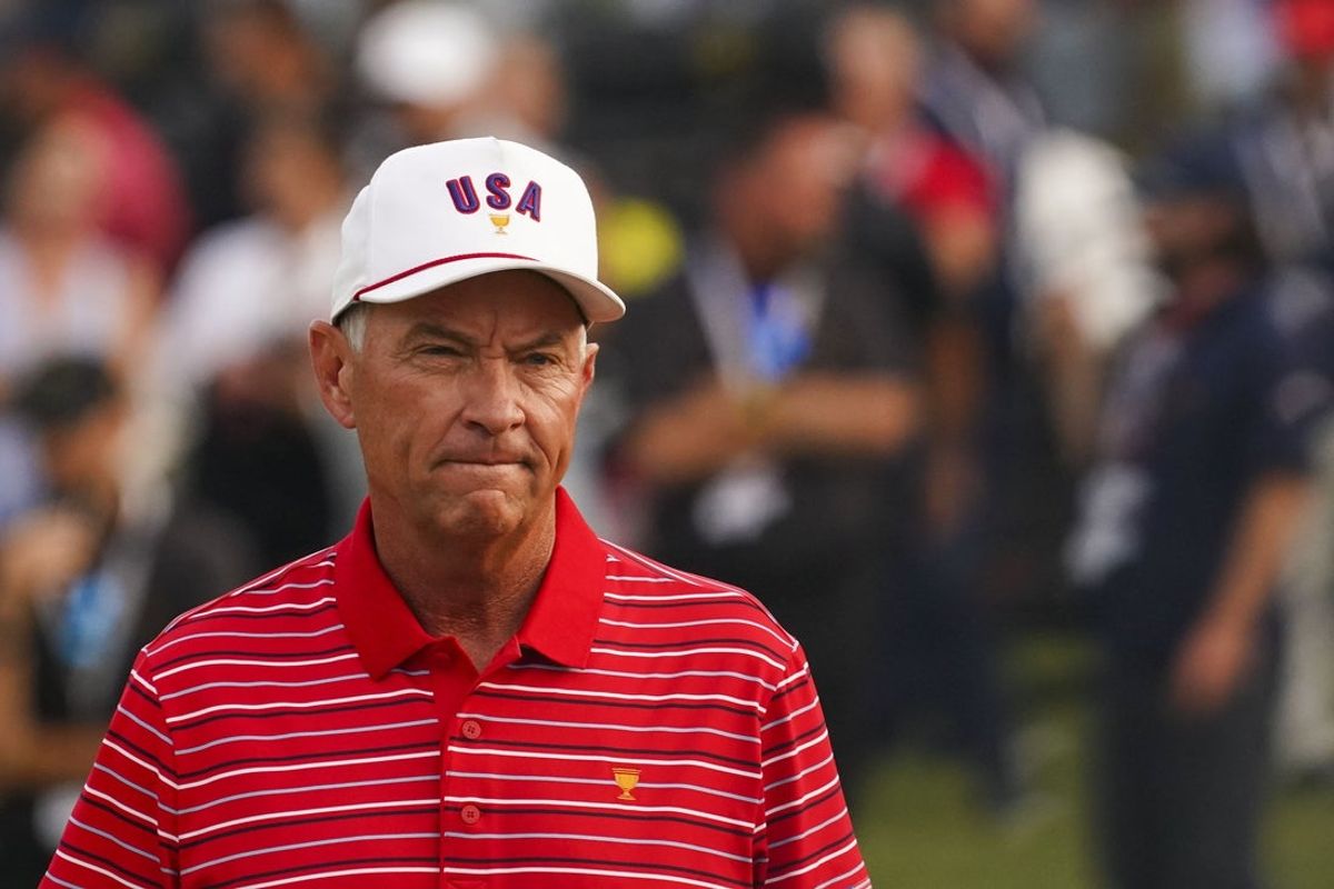 Sep 25, 2022; Charlotte, North Carolina, USA; Team USA captain Davis Love III during the singles match play of the Presidents Cup golf tournament at Quail Hollow Club. Mandatory Credit: Peter Casey-Imagn Images