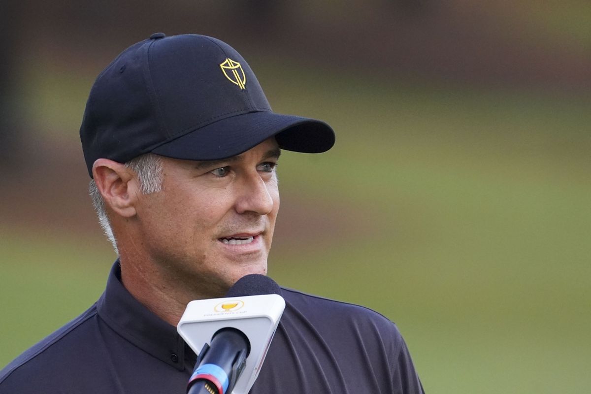 Sep 25, 2022; Charlotte, North Carolina, USA; International Team captain Trevor Immelman speaks during the singles match play of the Presidents Cup golf tournament at Quail Hollow Club. Mandatory Credit: Peter Casey-Imagn Images