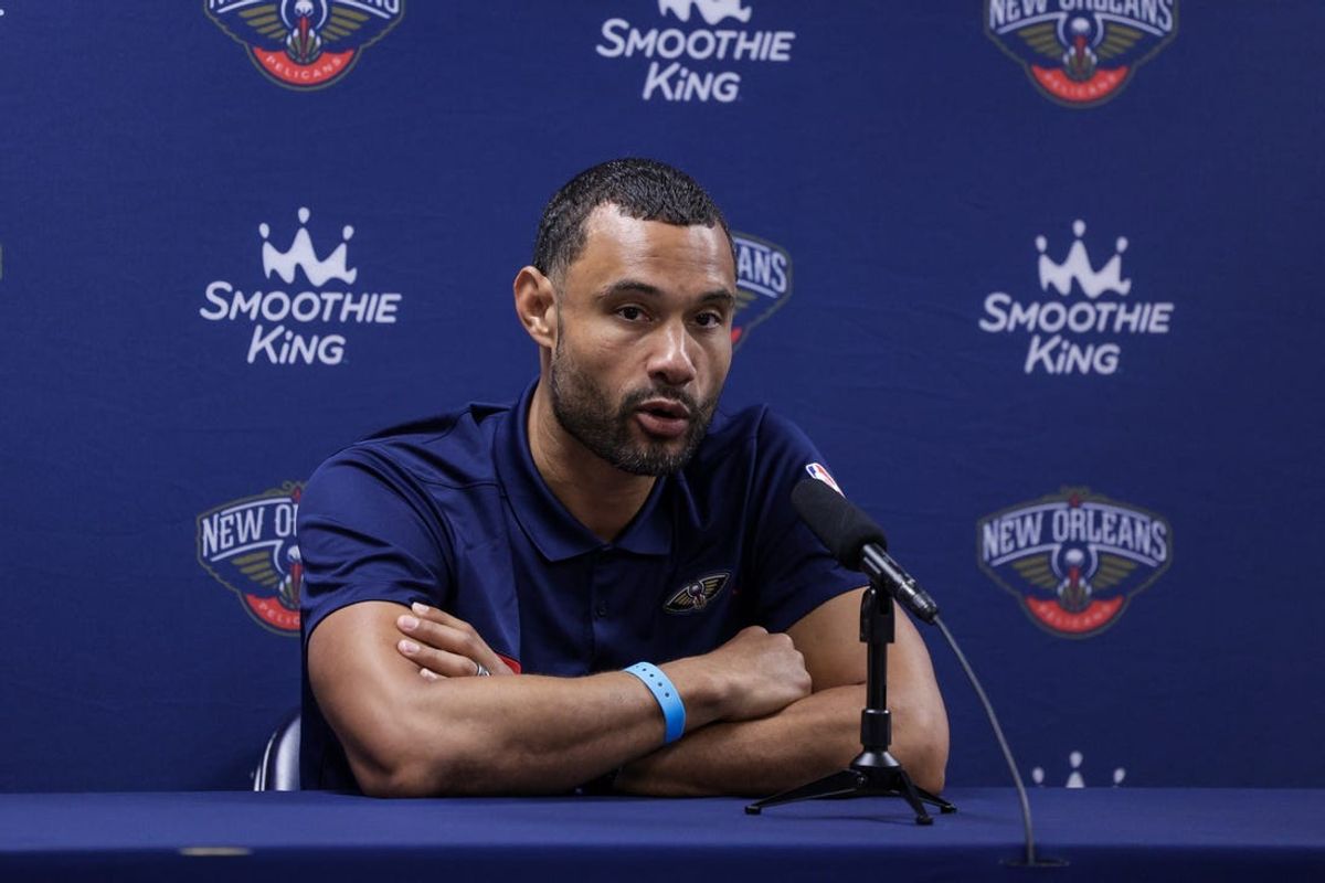 Sep 26, 2022; New Orleans, LA, USA;  New Orleans Pelicans general manager Trajan Langdon during a press conference at the New Orleans Pelicans Media Day from the Smoothie King Center. Mandatory Credit: Stephen Lew-USA TODAY Sports