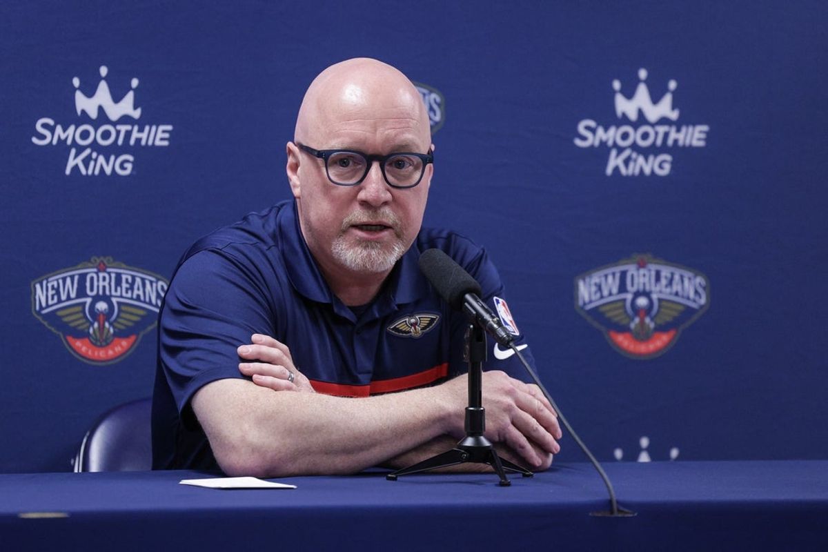 Sep 26, 2022; New Orleans, LA, USA;   New Orleans Pelicans vice president of basketball operations David Griffin during a press conference at the New Orleans Pelicans Media Day from the Smoothie King Center. Mandatory Credit: Stephen Lew-Imagn Images