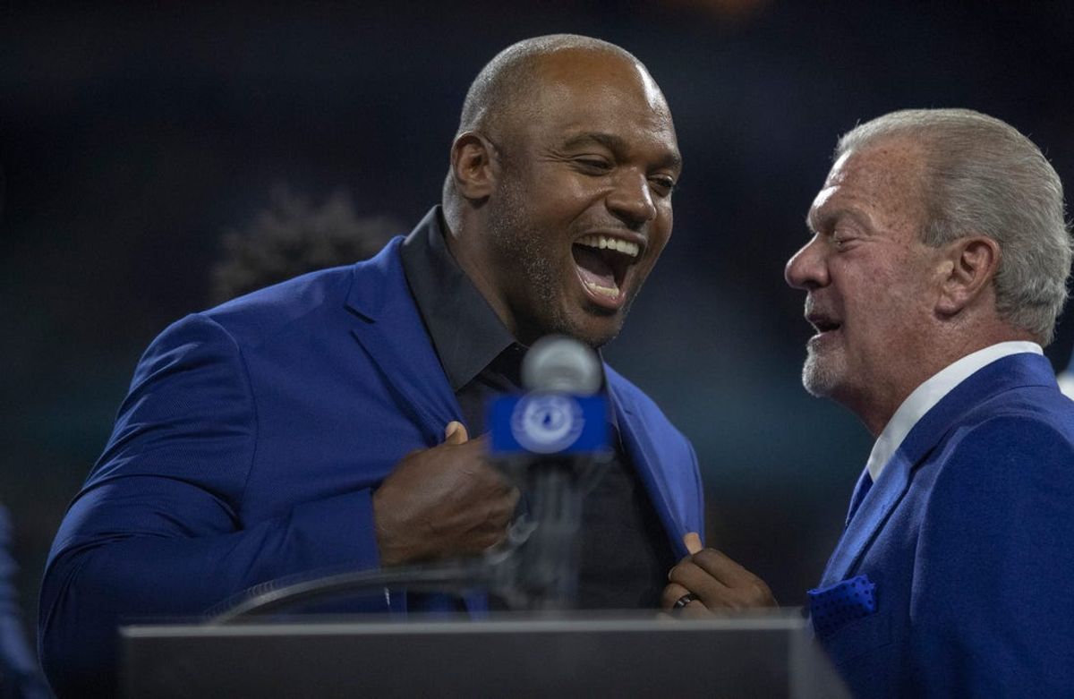 Dwight Freeney, Ring of Honor recipient, laughs with Jim Irsay, Miami Dolphins at Indianapolis Colts, Sunday, Nov. 10, 2019.

Dolphins At Colts