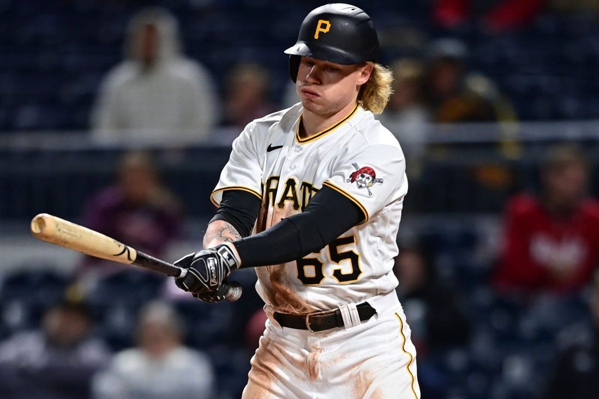 Sep 27, 2022; Pittsburgh, Pennsylvania, USA; Pittsburgh Pirates left fielder Jack Suwinski (65) reacts after striking out during the fifth inning against the Cincinnati Reds at PNC Park. Mandatory Credit: David Dermer-USA TODAY Sports