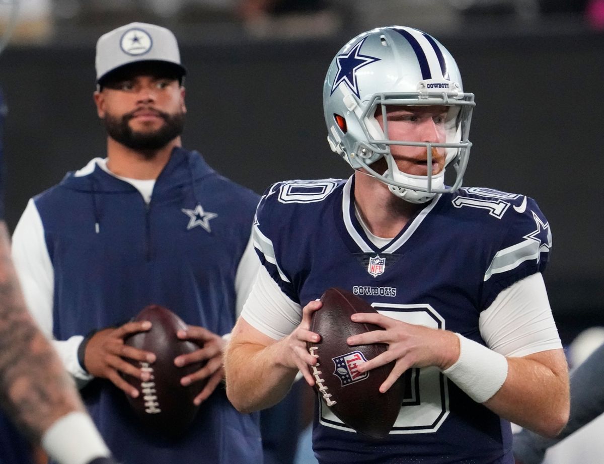Dallas Cowboys quarterback Cooper Rush (10) is set to start with quarterback Dak Prescott (4) likely to be placed on IR. Mandatory Credit: Robert Deutsch-Imagn Images