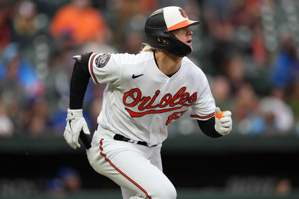 Oct 5, 2022; Baltimore, Maryland, USA; Baltimore Orioles outfielder Kyle Stowers (83) doubles to drive in a run in the sixth inning against the Toronto Blue Jays at Oriole Park at Camden Yards. Mandatory Credit: Mitch Stringer-USA TODAY Sports