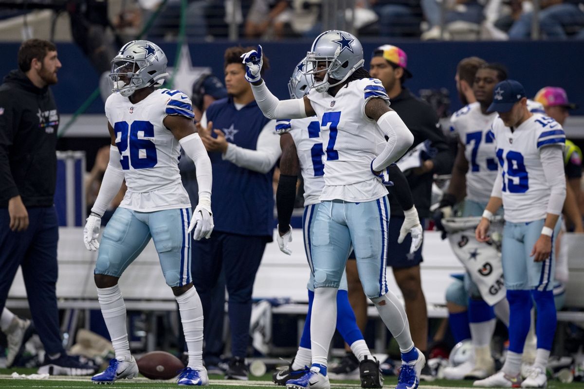 Oct 2, 2022; Arlington, Texas, USA; Dallas Cowboys cornerback DaRon Bland (26) and cornerback Trevon Diggs (7) during the game between the Dallas Cowboys and the Washington Commanders AT&T Stadium. Mandatory Credit: Jerome Miron-USA TODAY Sports