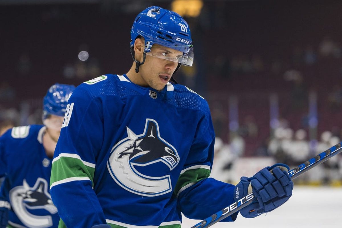 Oct 7, 2022; Vancouver, British Columbia, CAN; Vancouver Canucks forward Dakota Joshua (81) skates during warm up prior to a game against the Arizona Coyotes at Rogers Arena. Mandatory Credit: Bob Frid-USA TODAY Sports