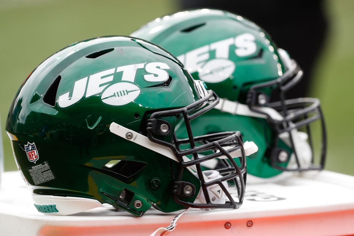 Oct 2, 2022; Pittsburgh, Pennsylvania, USA;  New York Jets helmets on the sidelines against the Pittsburgh Steelers during the second quarter at Acrisure Stadium. Mandatory Credit: Charles LeClaire-Imagn Images
