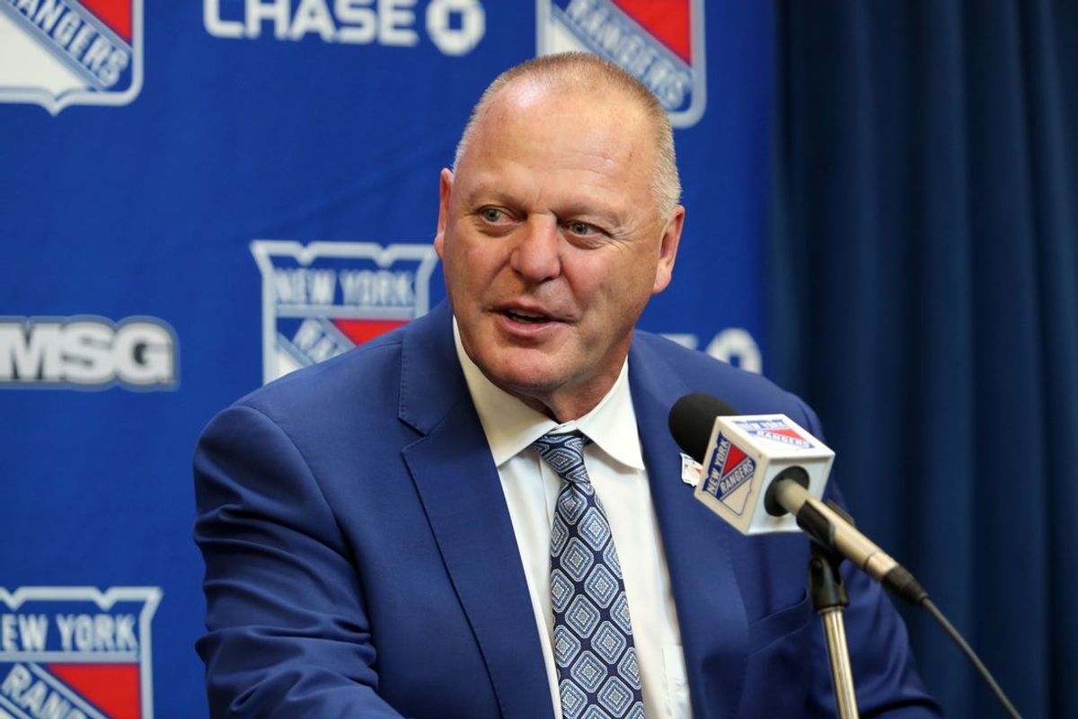 Oct 11, 2022; New York, New York, USA; New York Rangers head coach Gerard Gallant speaks to reporters after a season-opening 3-1 win against the Tampa Bay Lightning at Madison Square Garden. Mandatory Credit: Danny Wild-Imagn Images