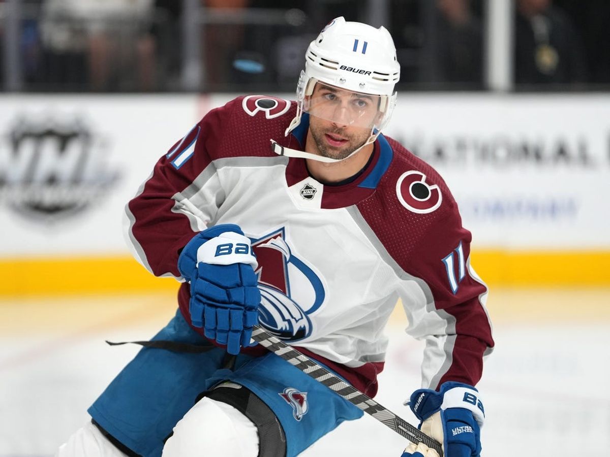 Oct 22, 2022; Las Vegas, Nevada, USA; Colorado Avalanche center Andrew Cogliano (11) warms up before a game against the Vegas Golden Knights at T-Mobile Arena. Mandatory Credit: Stephen R. Sylvanie-USA TODAY Sports