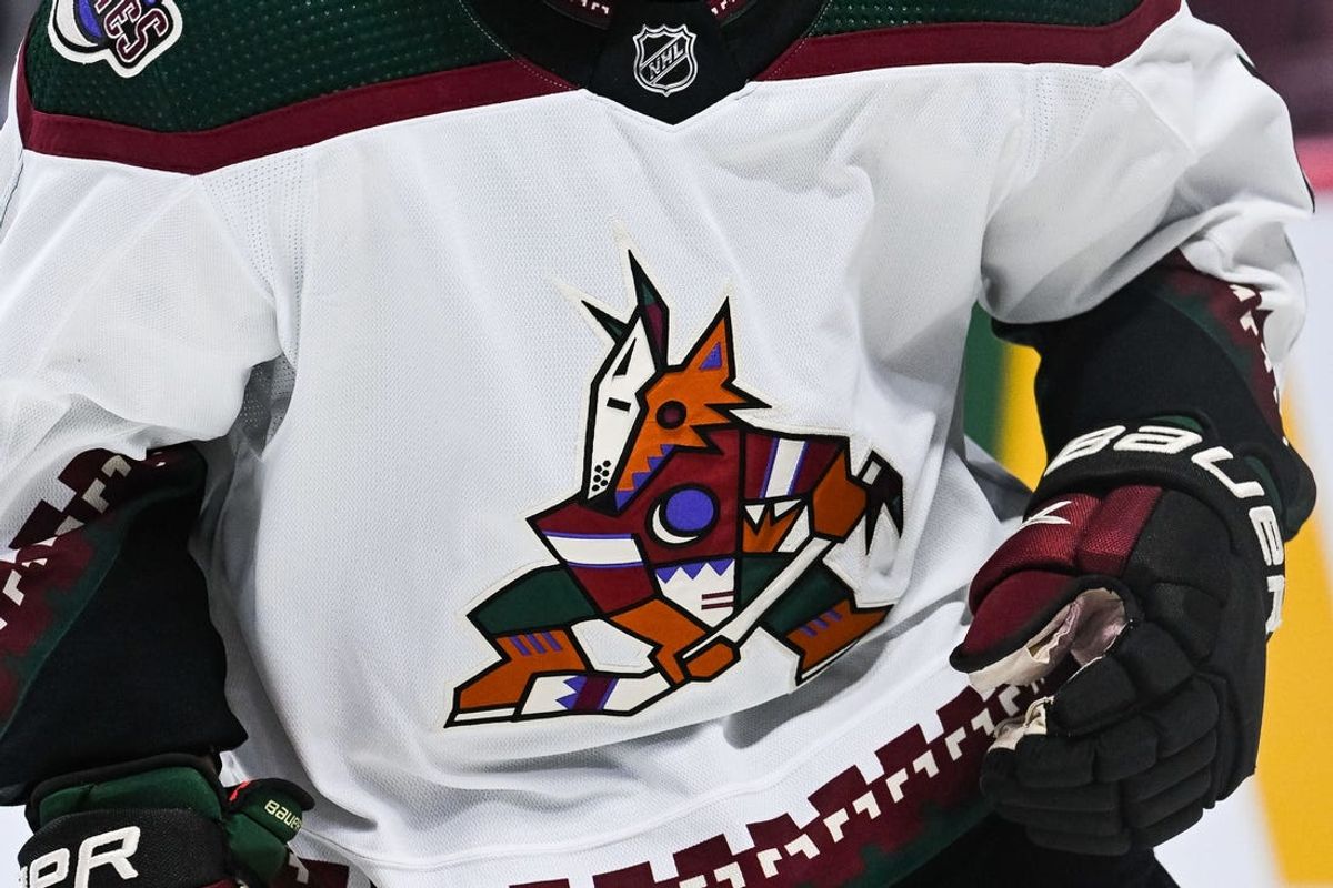Oct 20, 2022; Montreal, Quebec, CAN; View of an Arizona Coyotes logo on a jersey worn by a member of the team during the third period at Bell Centre. Mandatory Credit: David Kirouac-USA TODAY Sports