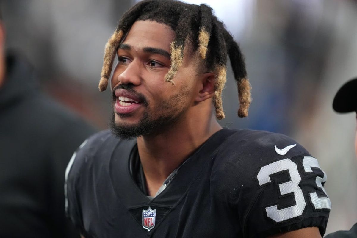 Oct 23, 2022; Paradise, Nevada, USA; Las Vegas Raiders safety Roderic Teamer (33) walks off the field after the Raiders defeated the Houston Texans 38-20 at Allegiant Stadium. Mandatory Credit: Stephen R. Sylvanie-USA TODAY Sports
