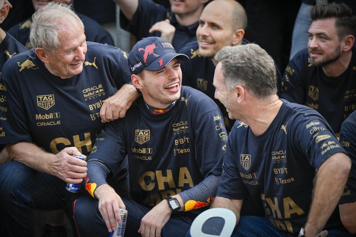 Oct 23, 2022; Austin, Texas, USA; (from left) Red Bull team advisor Helmut Marko and Red Bull Racing Limited driver Max Verstappen of Team Netherlands and Team Principal Christian Horner celebrate winning the U.S. Grand Prix F1 race at Circuit of the Americas. Mandatory Credit: Jerome Miron-Imagn Images