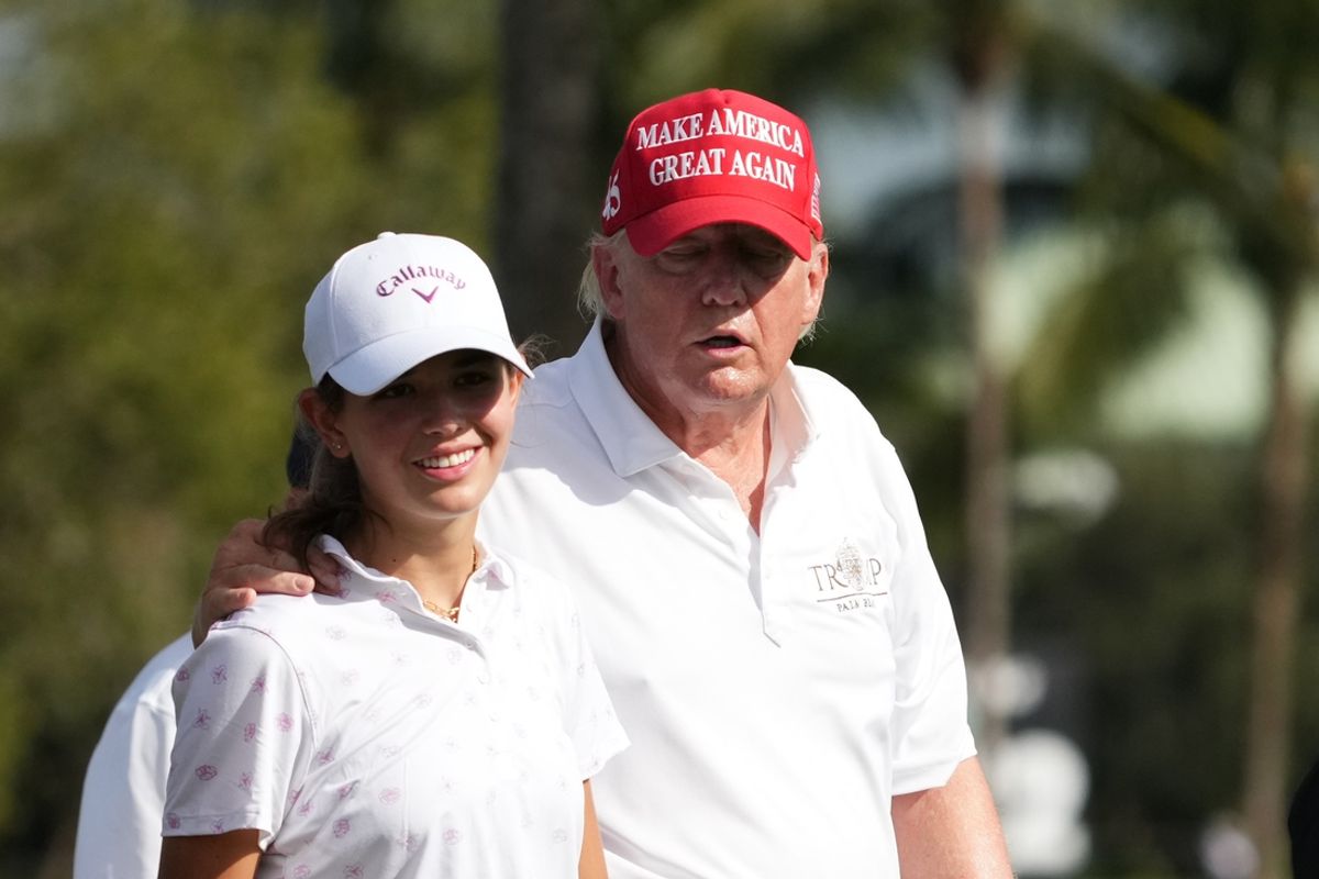 Oct 27, 2022; Miami, Florida, USA; Former President Donald Trump and Kai Trump during the Pro-Am tournament before the LIV Golf series at Trump National Doral. Mandatory Credit: Jasen Vinlove-Imagn Images