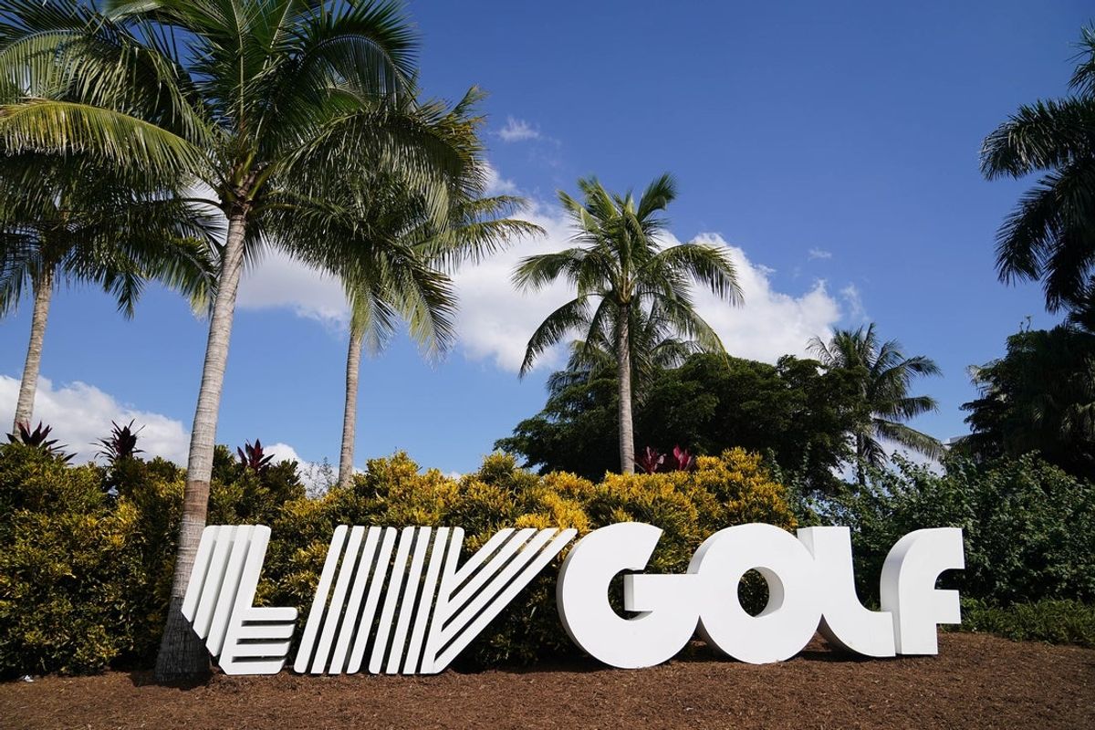 Oct 27, 2022; Miami, Florida, USA; A general view of the LIV Golf logo statue during the Pro-Am tournament before the LIV Golf series at Trump National Doral. Mandatory Credit: Jasen Vinlove-Imagn Images