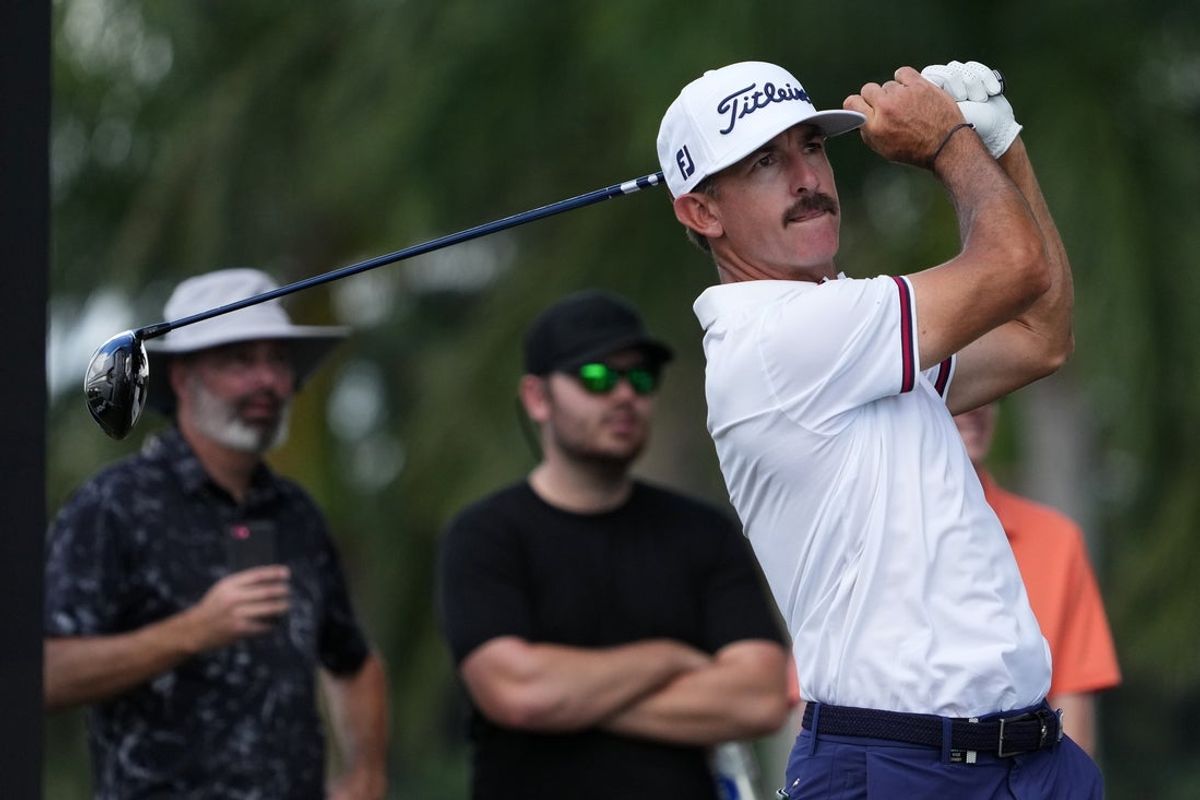 Oct 29, 2022; Miami, Florida, USA; Wade Ormsby tees off on the 17th hole during the second round of the season finale of the LIV Golf series at Trump National Doral. Mandatory Credit: Jasen Vinlove-Imagn Images