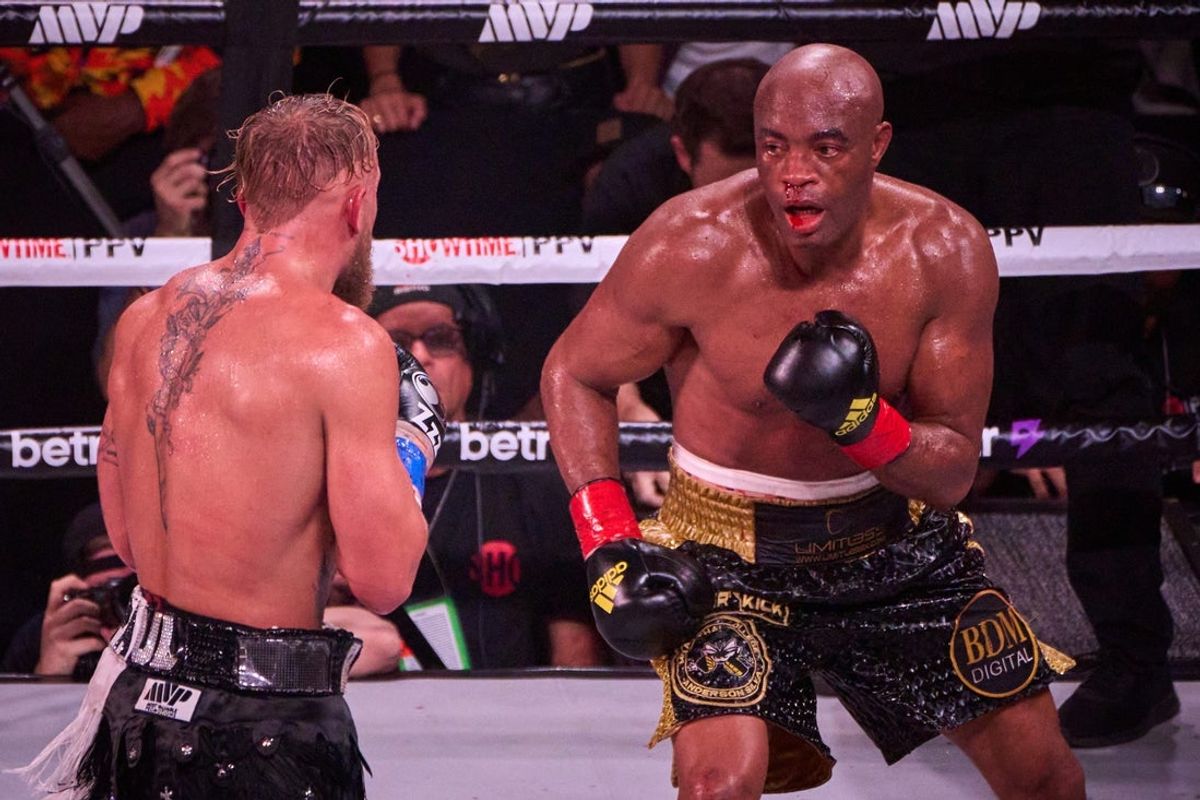 Anderson Silva collects himself after taking a hit from Jake Paul at Desert Diamond Arena in Glendale, on Saturday, Oct. 29, 2022.

Jake Paul V Anderson Silva