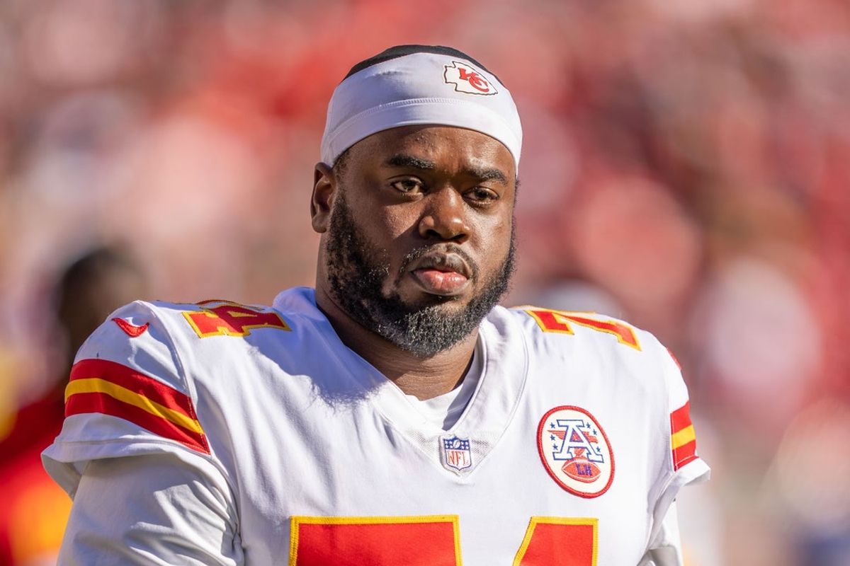 October 23, 2022; Santa Clara, California, USA; Kansas City Chiefs offensive tackle Geron Christian (74) during halftime against the San Francisco 49ers at Levi's Stadium. Mandatory Credit: Kyle Terada-Imagn Images