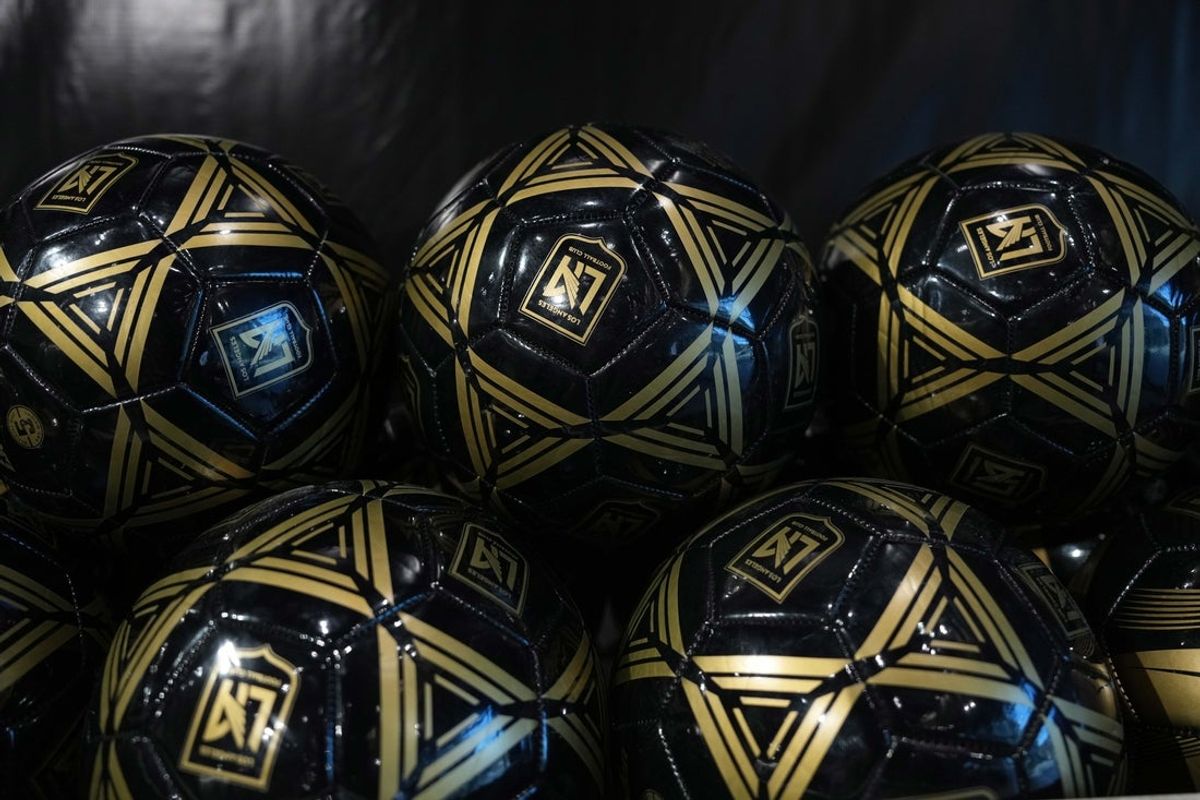 Nov 1, 2022; Los Angeles, California, USA; Los Angeles FC logo soccer balls at the LAFC HQ store at Banc of California Stadium. Mandatory Credit: Kirby Lee-Imagn Images
