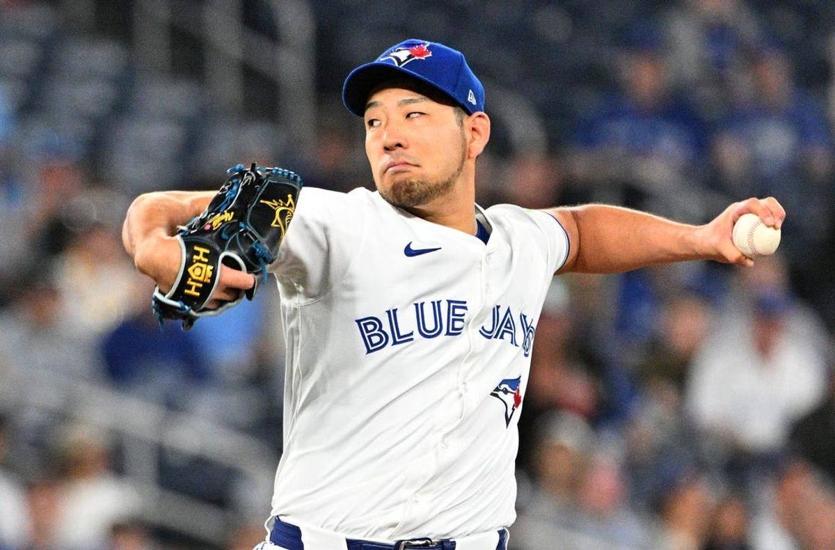 Apr 10, 2024; Toronto, Ontario, CAN;   Toronto Blue Jays starting pitcher Yusei Kikuchi (16) delivers a pitch against the Seattle Mariners in the first inning at Rogers Centre.