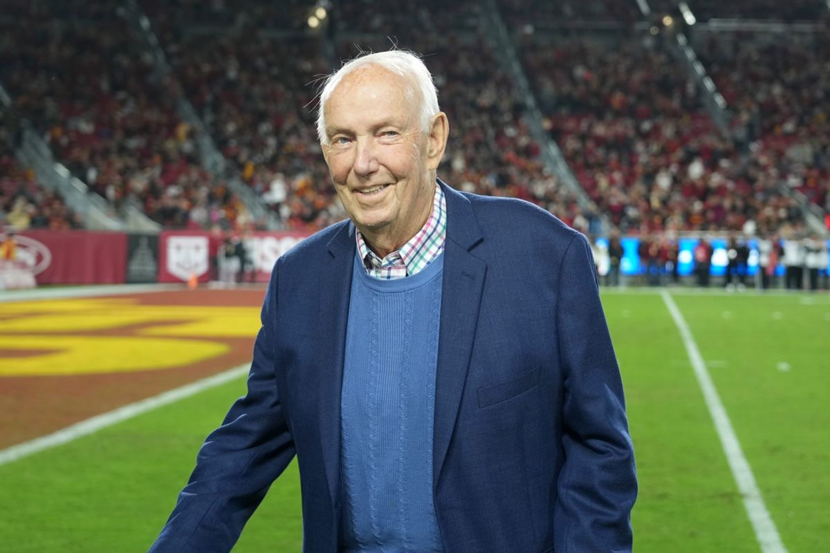 Nov 5, 2022; Los Angeles, California, USA; Southern California Trojans former coach John Robinson attends a game against the California Golden Bears at United Airlines Field at Los Angeles Memorial Coliseum. Mandatory Credit: Kirby Lee-Imagn Images