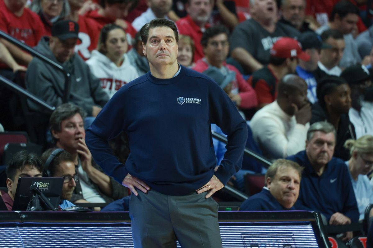 Nov 7, 2022; Piscataway, New Jersey, USA; Columbia Lions head coach Jim Engles looks on during the first half against the Rutgers Scarlet Knights at Jersey Mike's Arena. Mandatory Credit: Vincent Carchietta-Imagn Images
