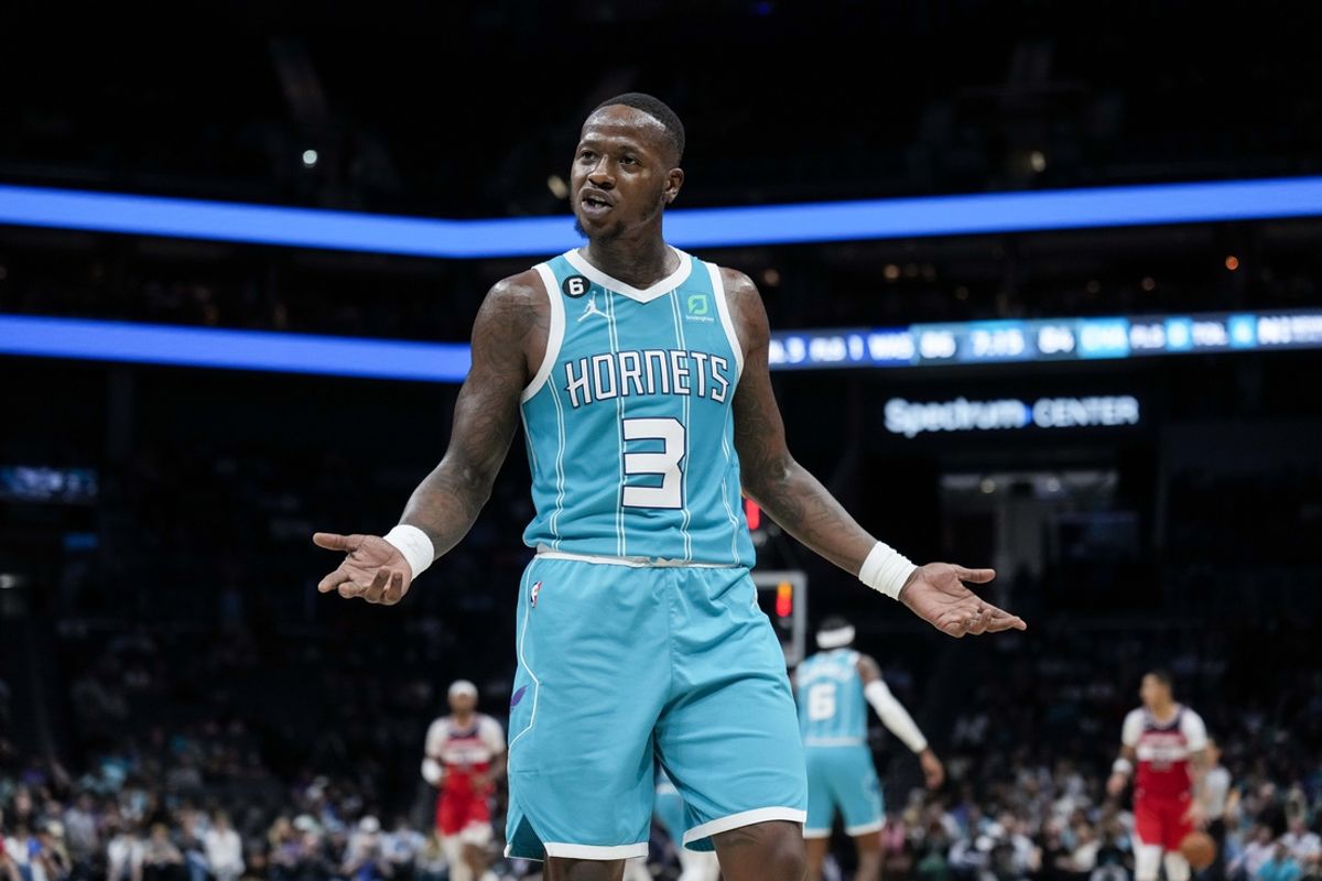 Nov 7, 2022; Charlotte, North Carolina, USA; Charlotte Hornets guard Terry Rozier (3) reacts to a call by the official during the second half against the Washington Wizards at Spectrum Center. Mandatory Credit: Jim Dedmon-Imagn Images