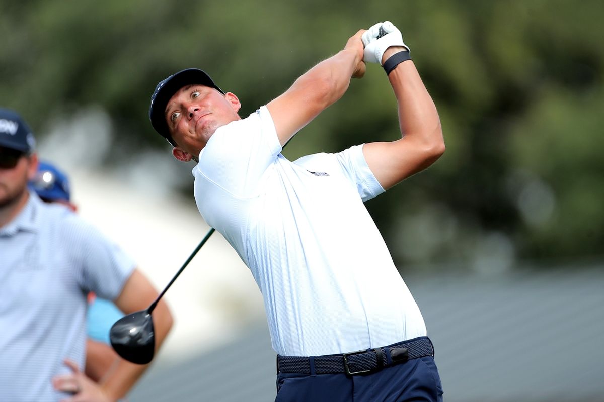 Nov 10, 2022; Houston, Texas, USA; Max McGreevy hits a tee shot on the first hole during the first round of the Cadence Bank Houston Open golf tournament. Mandatory Credit: Erik Williams-Imagn Images