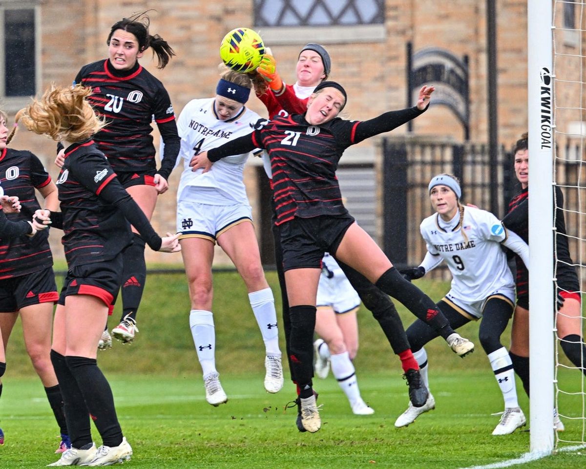 Omaha goalkeeper Emma Konsmo (0) makes a save over Notre Dame   s Leah Klenke (4) in the first half Saturday, Nov. 12, 2022, at Alumni Stadium.

Ncaa Women S Soccer Tournament Notre Dame Vs Omaha