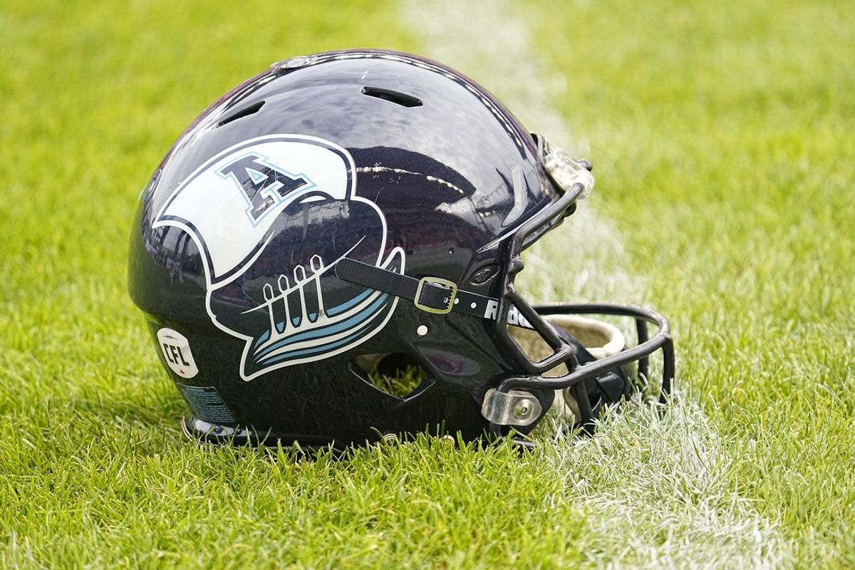 Nov 13, 2022; Toronto, Ontario, CAN; A Toronto Argonauts helmet on the field before a game against the Montreal Alouettes at BMO Field. Mandatory Credit: John E. Sokolowski-USA TODAY Sports