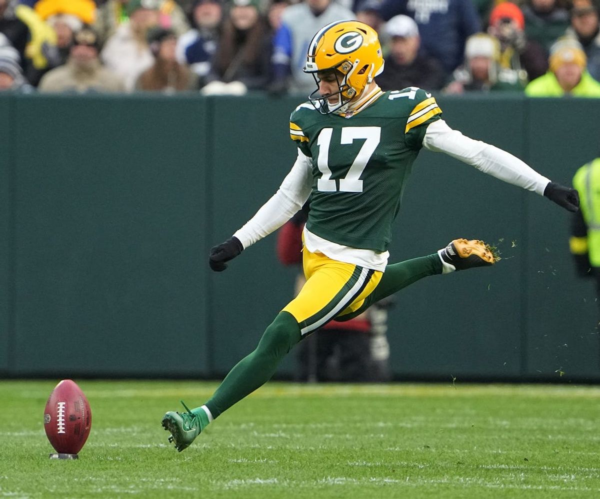 Green Bay Packers place kicker Ramiz Ahmed (17) kicks off during the first quarter of their game Sunday, November 13, 2022 at Lambeau Field in Green Bay, Wis. The Green Bay Packers beat the Dallas Cowboys 31-28 in overtime.

Packers13 16