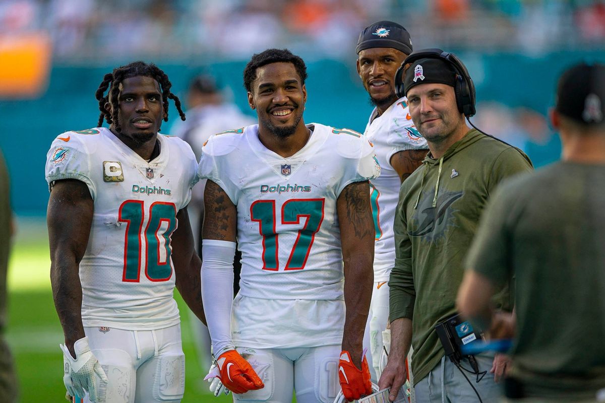 Miami Dolphins wide receiver Tyreek Hill (10), Miami Dolphins wide receiver Jaylen Waddle (17) and receivers coach Wes Welker as times runs out against the Cleveland Browns during NFL action Sunday November 13, 2022 at Hard Rock Stadium in Miami Gardens.

Photos Cleveland Browns V Miami Dolphins 28