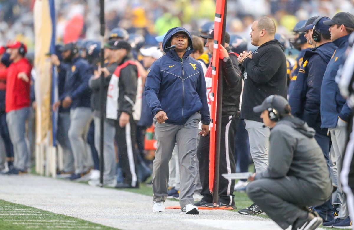 Nov 12, 2022; Morgantown, West Virginia, USA; West Virginia Mountaineers assistant coach Chad Scott during the second quarter against the Oklahoma Sooners at Mountaineer Field at Milan Puskar Stadium. Mandatory Credit: Ben Queen-Imagn Images