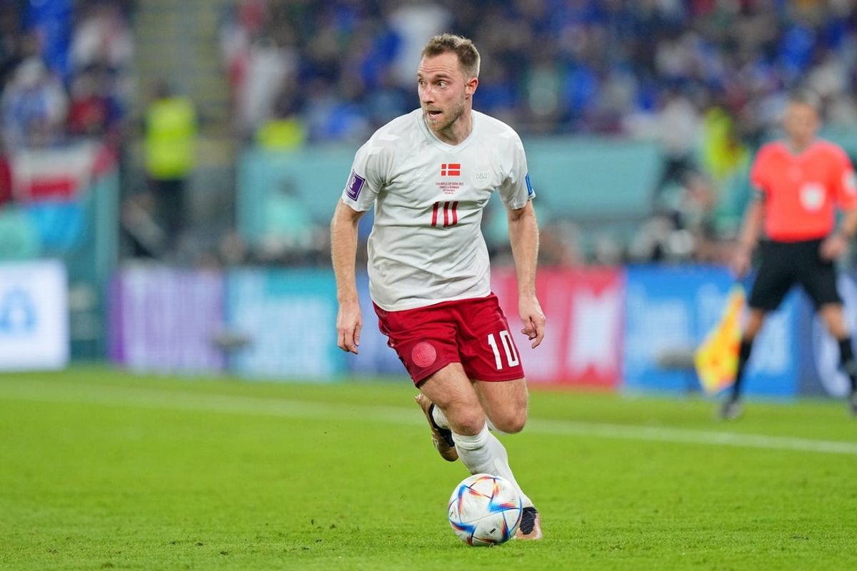 (File photo) Denmark midfielder Christian Eriksen (10) dribbles the ball against France during the second half of a group stage match during the 2022 World Cup at Stadium 974. Mandatory Credit: Danielle Parhizkaran-Imagn Images