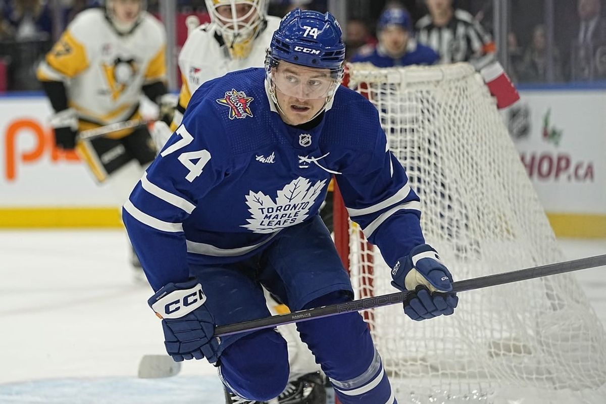 Dec 16, 2023; Toronto, Ontario, CAN; Toronto Maple Leafs forward Bobby McMann (74) skates against the Pittsburgh Penguins during the first period at Scotiabank Arena.