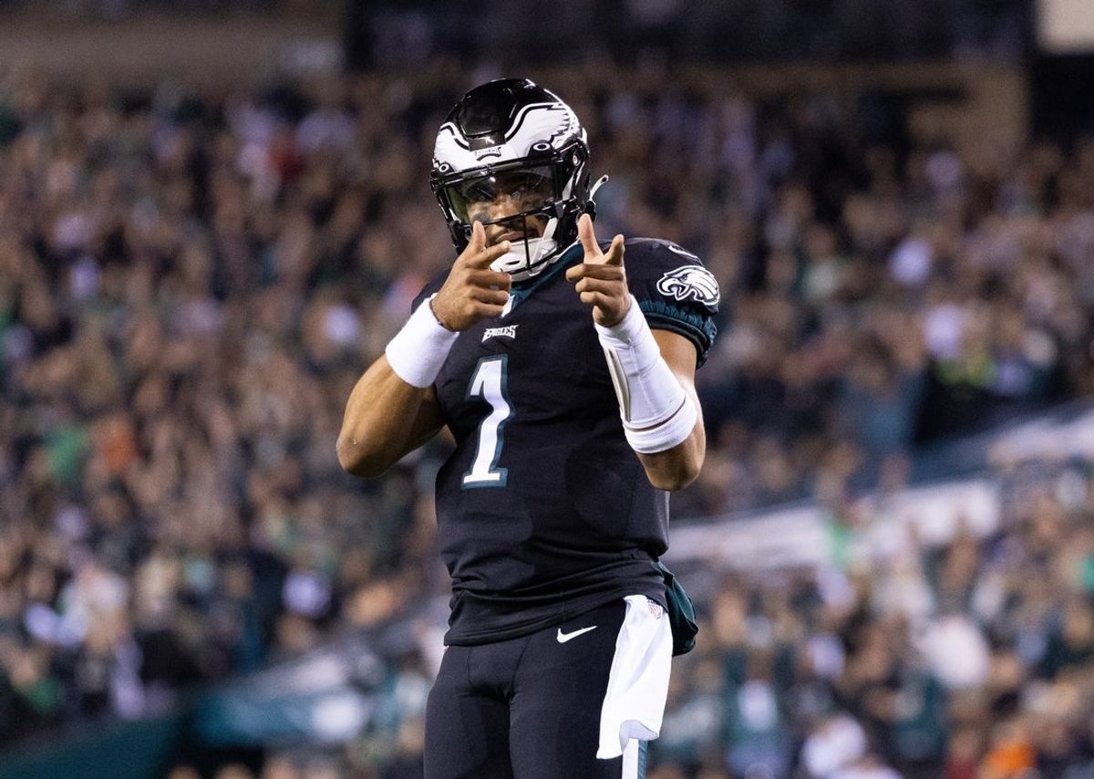 Nov 27, 2022; Philadelphia, Pennsylvania, USA; Philadelphia Eagles quarterback Jalen Hurts (1) celebrates the touchdown of running back Kenneth Gainwell (not pictured) during the first quarter against the Green Bay Packers at Lincoln Financial Field. Mandatory Credit: Bill Streicher-Imagn Images