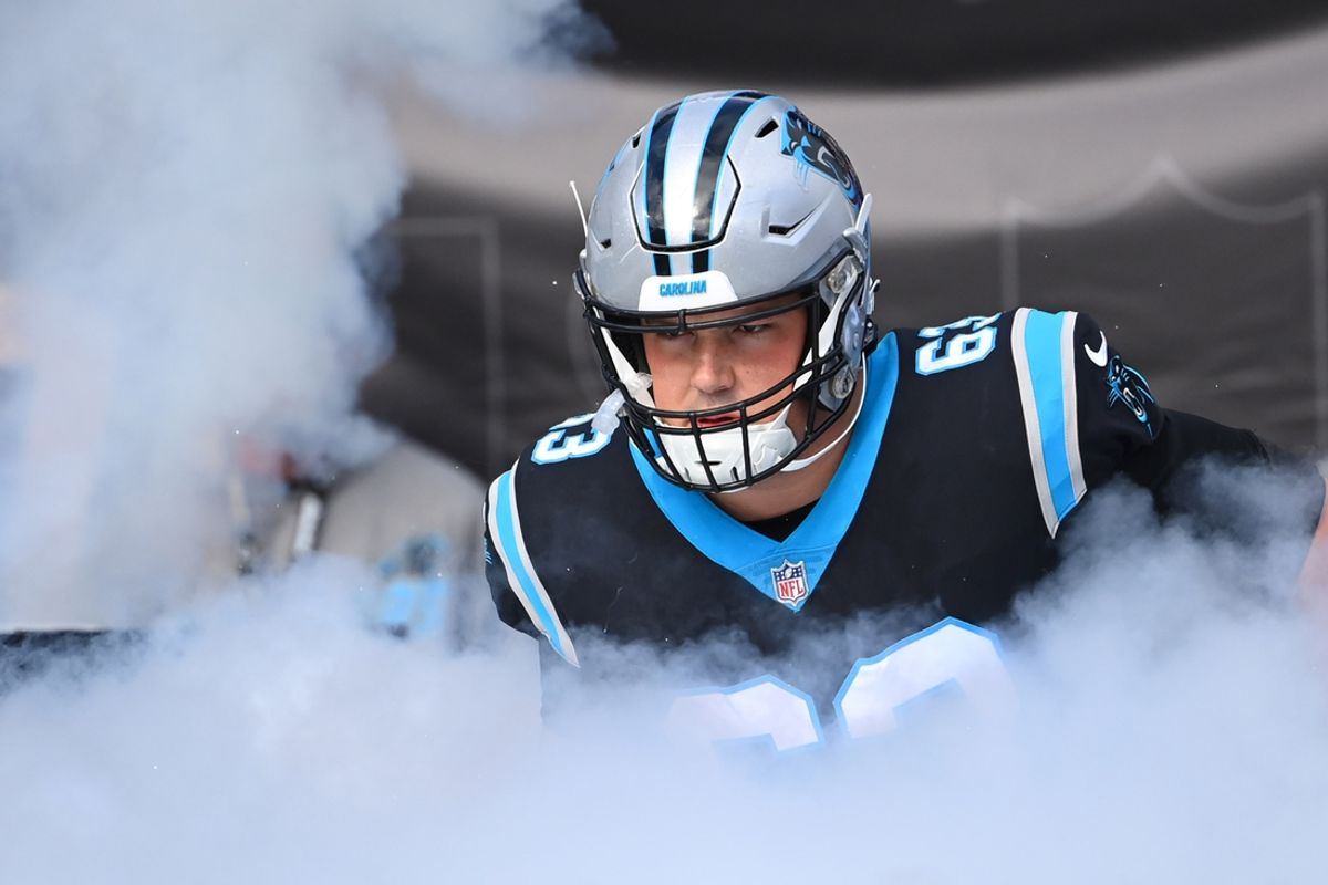 Nov 27, 2022; Charlotte, NC, USA;  Carolina Panthers center Austin Corbett (63). Mandatory Credit: Bob Donnan-Imagn Images
