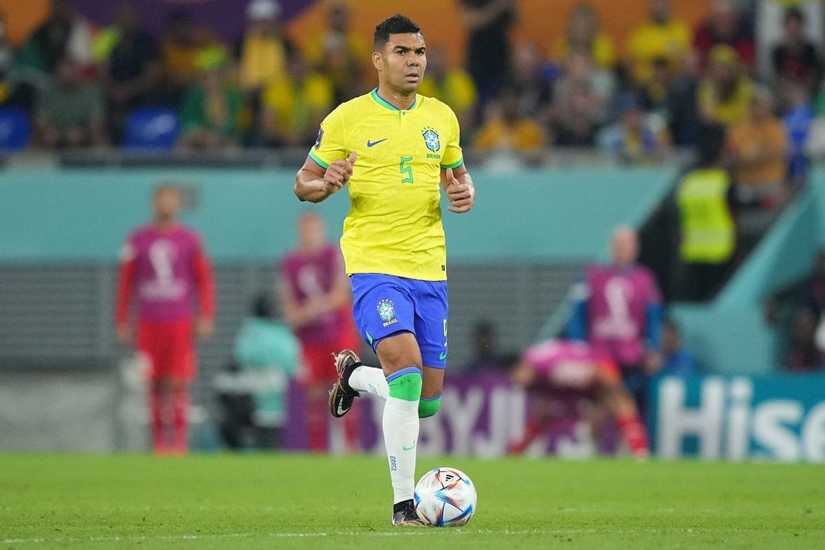 Nov 28, 2022; Doha, Qatar; Brazil midfielder Casemiro (5) moves the ball against Switzerland in the second half of a group stage match during the 2022 World Cup at Stadium 974. Mandatory Credit: Danielle Parhizkaran-Imagn Images