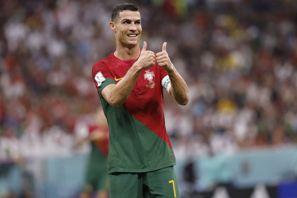 Nov 28, 2022; Lusail, Qatar; Portugal forward Cristiano Ronaldo (7) reacts during the second half of the group stage match in the 2022 World Cup at Lusail Stadium. Mandatory Credit: Yukihito Taguchi-Imagn Images