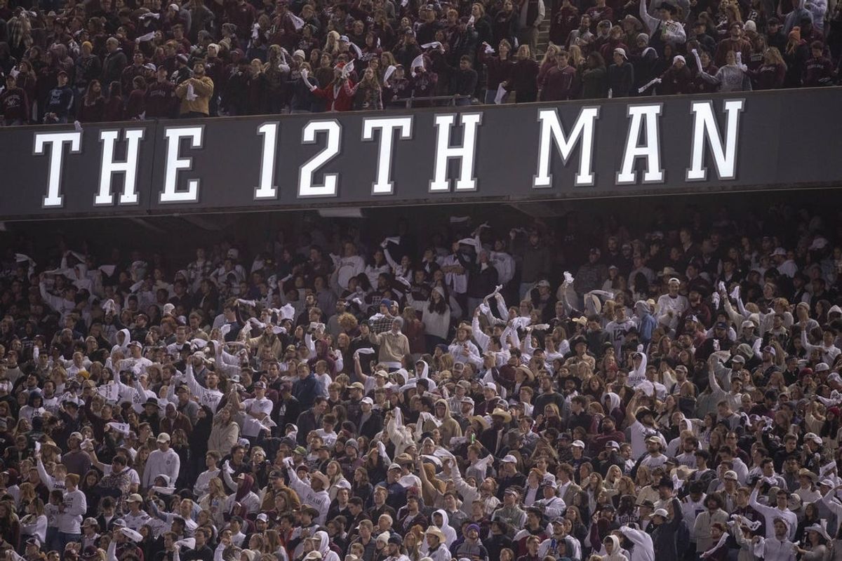Nov 26, 2022; College Station, Texas, USA; A view of the 12th man logo and Texas A&M Aggies fans and students during the game between the Texas A&M Aggies and the LSU Tigers at Kyle Field. Mandatory Credit: Jerome Miron-USA TODAY Sports