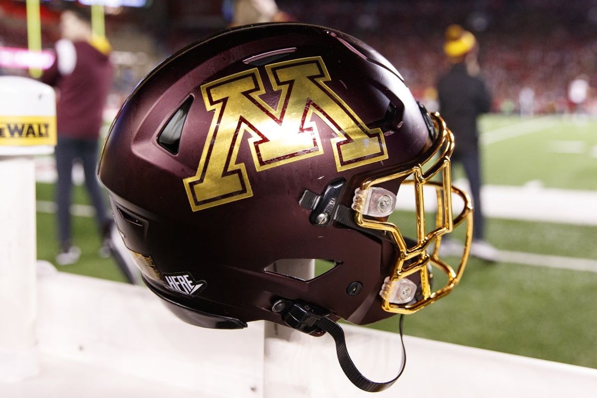 Nov 26, 2022; Madison, Wisconsin, USA;  A Minnesota Golden Gophers helmet sits on the sidelines during the game against the Wisconsin Badgers at Camp Randall Stadium. Mandatory Credit: Jeff Hanisch-Imagn Images
